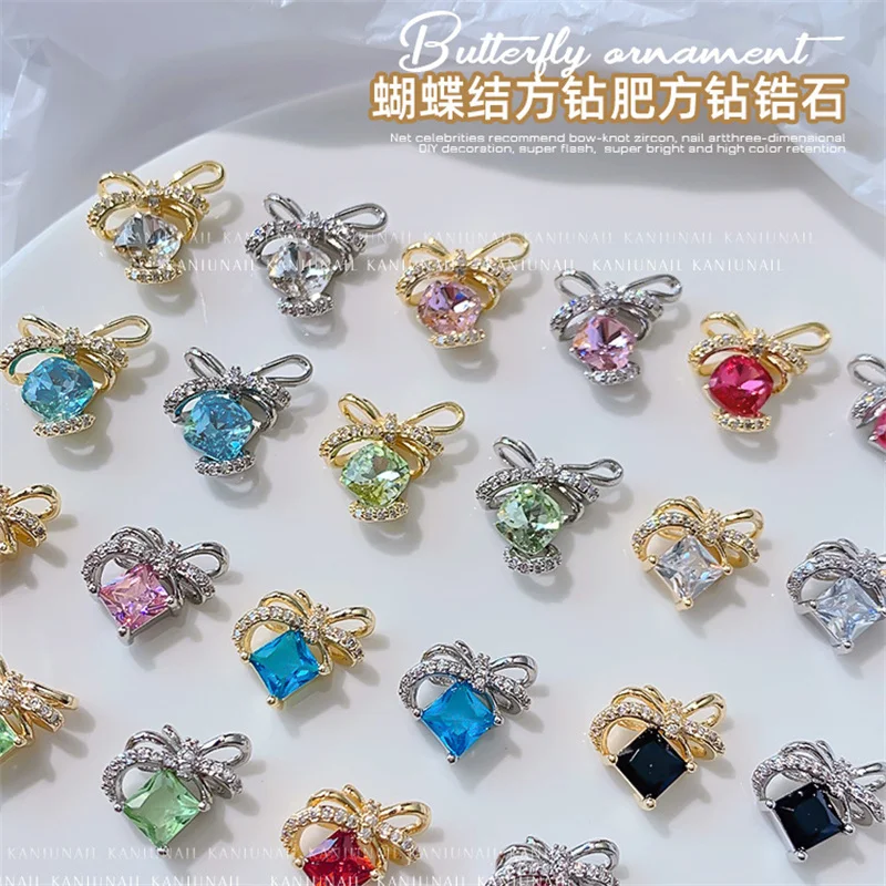 

10pcs New Nail Art Charms Bow Kont Square Frame Diamond Jewelry Point Bottom Shiny Zircon Nails Accessories Luxury Nail Supplies
