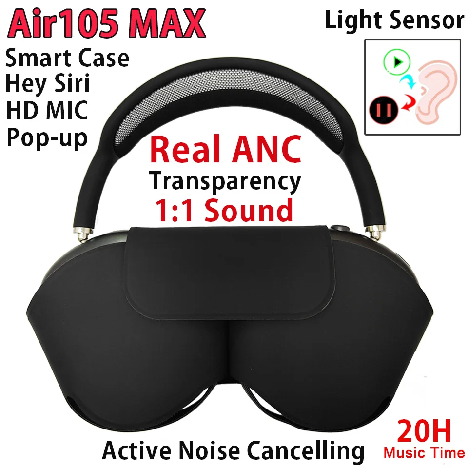 

1:1 BEST VERSION ANC Headset SuperMAX WirelessFor Air80 Air105 MAX 4 Bluetooth Headphones Noise Cancelling Headphone Smart Case