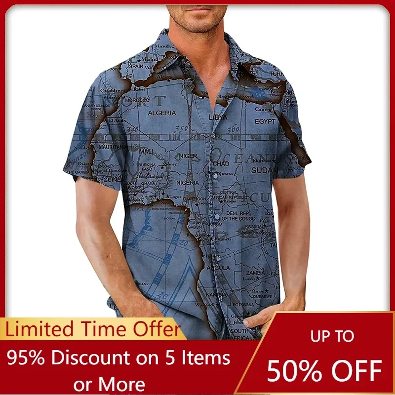 

Мужская Летняя гавайская рубашка, винтажная Повседневная рубашка с отложным воротником и короткими рукавами, с рисунком карты, голубого, зеленого, хаки и серого цветов