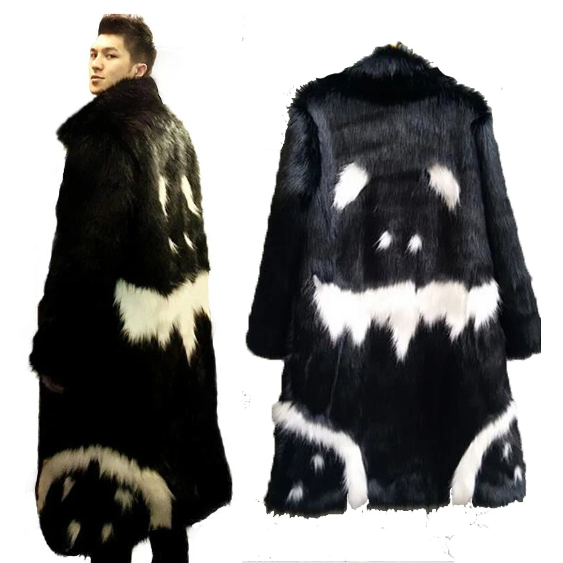 Фото Winter Warm Unisex Faux Fur Long Jacket Black Gown Devil Plus Velvet Windbreaker G-dragon's Crooked Imitation Faux Fox Fur Coat №1