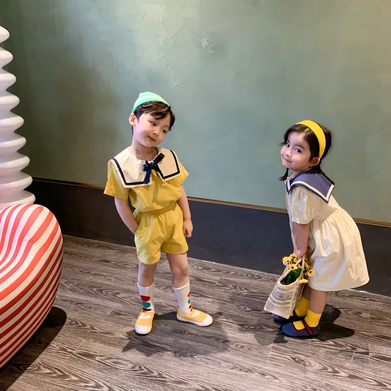 RiniLucia Brother Sister Clothes College Patchwork Girls Lapel Long Skirt Boys Two Piece Suit Summer Sailor Collar Boy's Suit