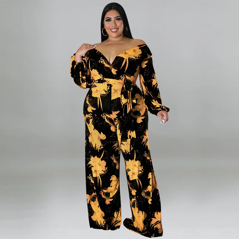 Plus Size Jumpsuits Jumpsuits for Women 2022 Elegant Print V-Neck Lace Up Long Sleeve Straight One Pieces Office Lady Autumn