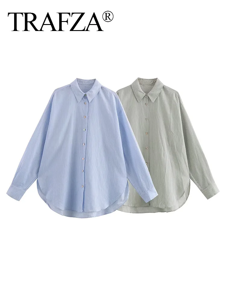 Женская блузка в полоску TRAFZA повседневная однобортная из смески льна с отложным