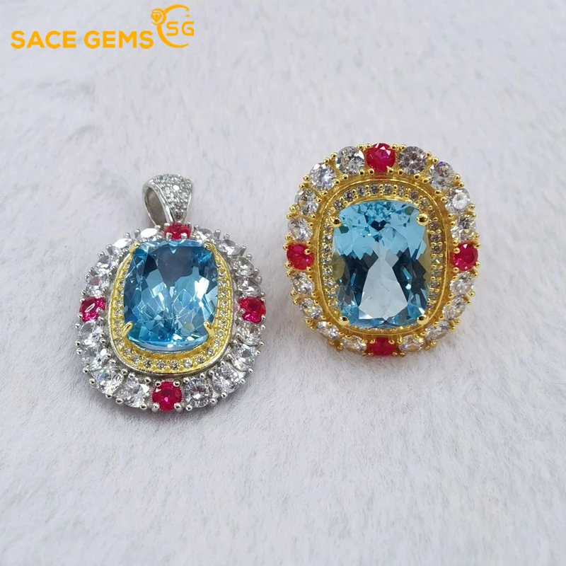 Женский комплект украшений из серебра 100% пробы с натуральным голубым топазом 10