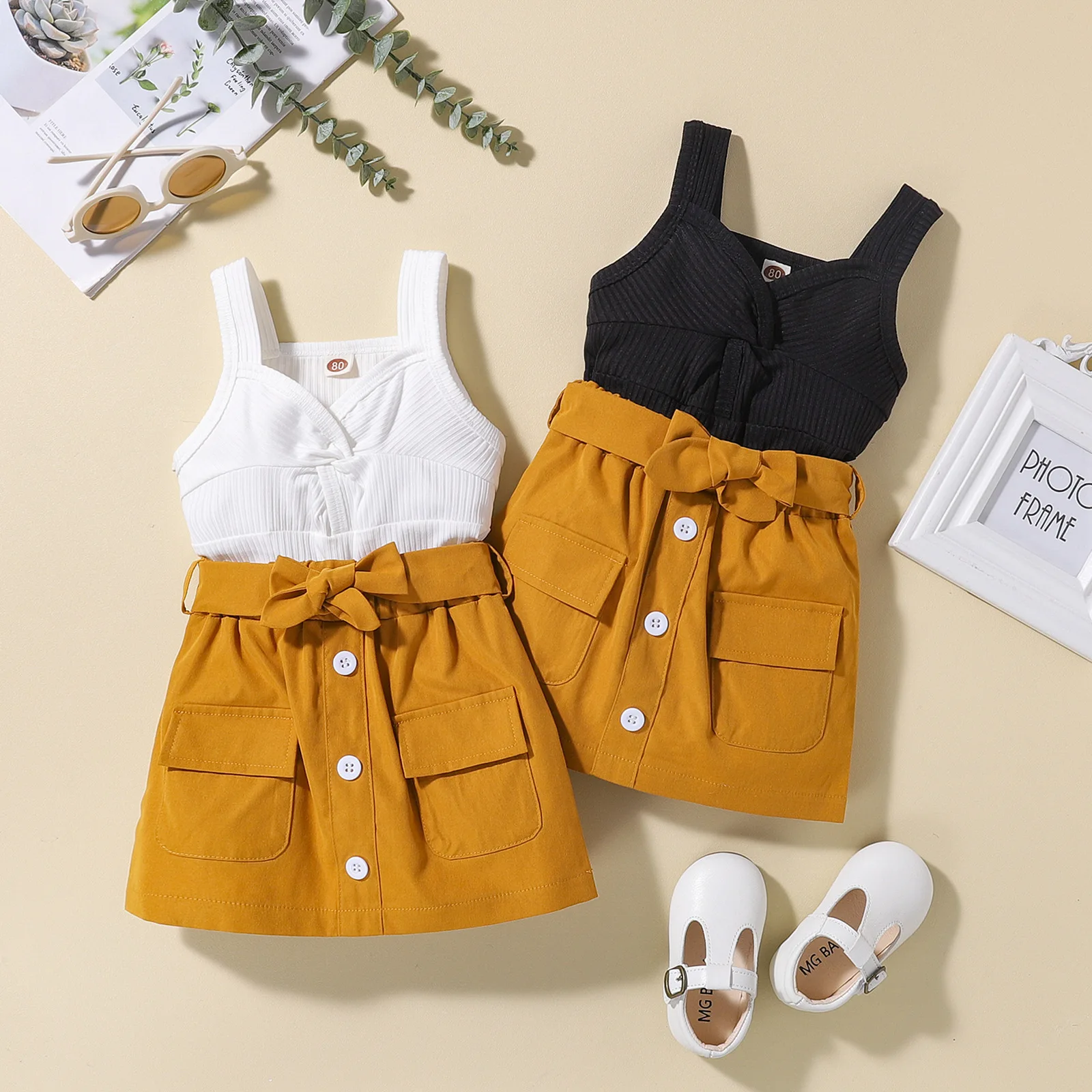 

Infant Baby Girls Outfit Set 2023 New Cotton Pit Small V-neck Skirt with Suspenders Two-piece Set Toddler Girl Clothes