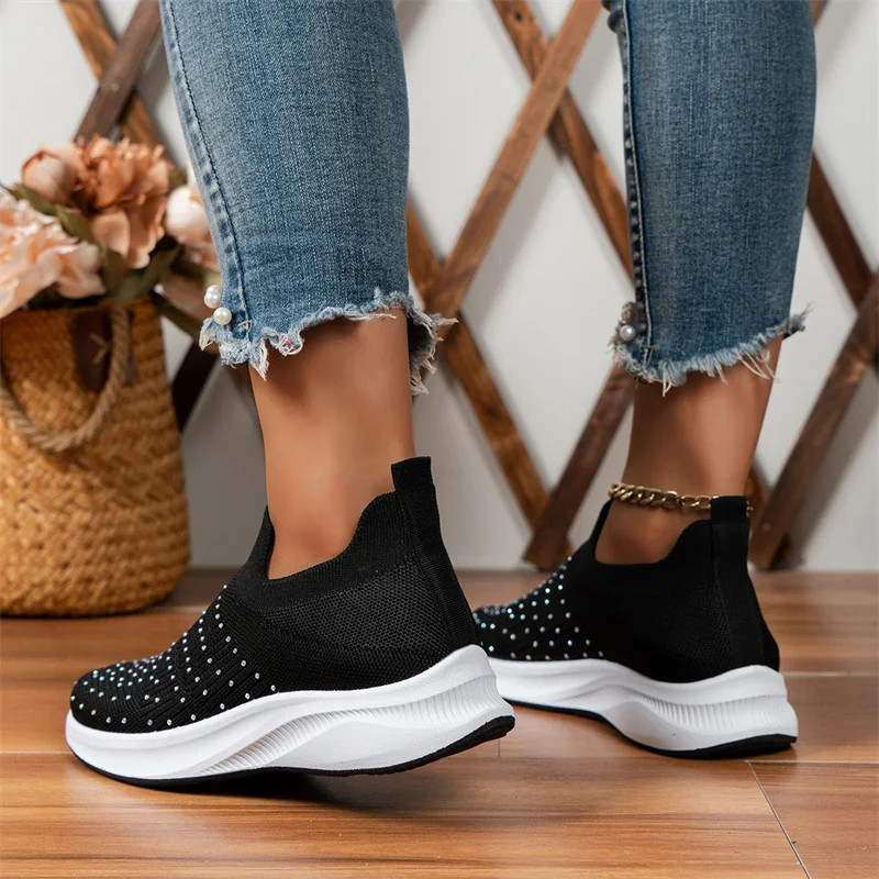 2023 New Crystal Breathable Mesh Sneaker Shoes for Women Comfortable Soft Bottom Flats Plus Size 43 Non Slip Casual Shoes Woman