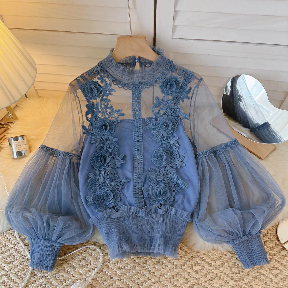 

spring Women Mesh Tops Fashion Sexy Sheer Lace Blouse Lantern Sleeve 3D Floral Blouses Shirts Elegant Top Blusas Femininas 2022