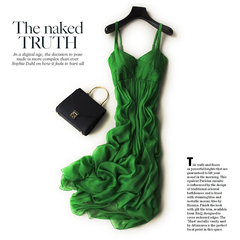 

Women Christmas Party dresses Shell 8mm 100% Silk Dress Women Beach Holiday Summer Clothing V-neck Solid Long Dresses Green