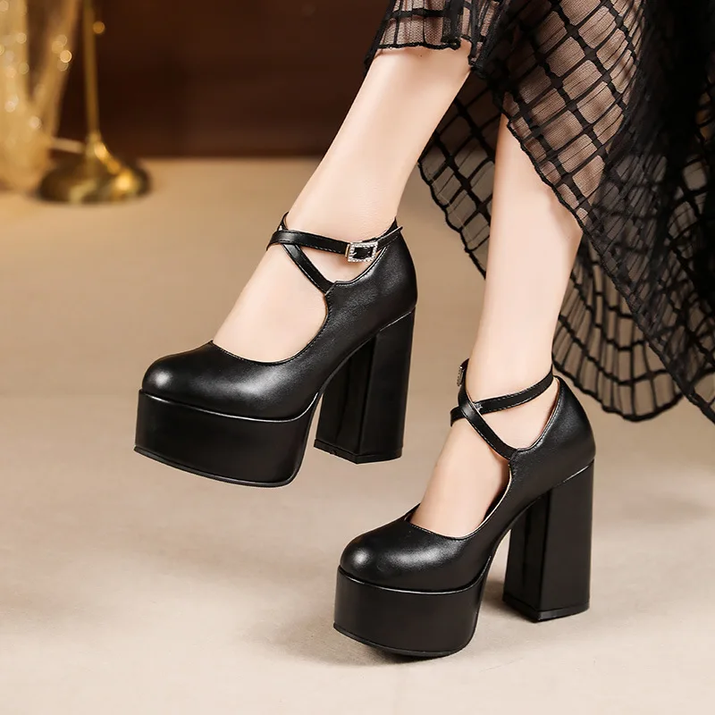 

Spring Women Shoes 2022 Trend Luxury Fashion Round Head Platform Chunky High Heels Party Shallow Mouth Cross Buckle Ladies Shoes