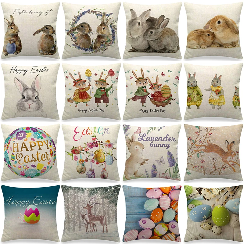 

Easter Cushion Cover Cute Rabbit Egg Print Pillowcase Ornament Hare Flower Pillowcase