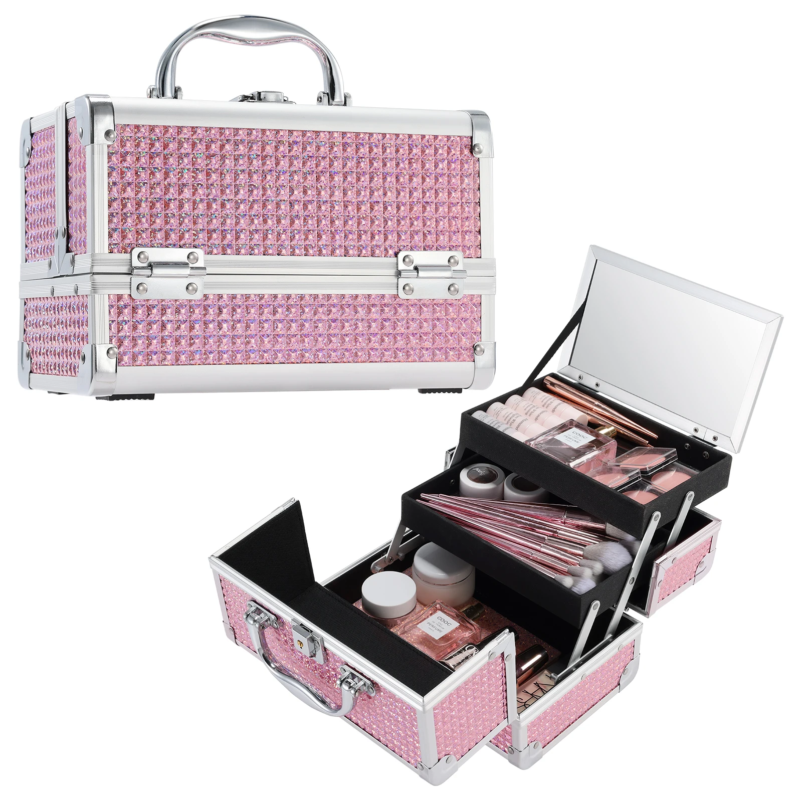 

Travel Portable Makeup Case Cosmetics Jewelry Organizer Storage Box Manicure Suitcase Beauty Vanity Carring Handle with Mirror