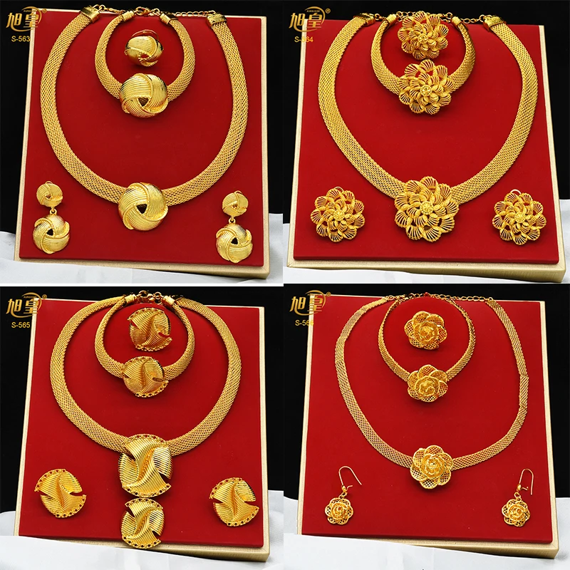 

4Pcs/Set France Luxury New Gold Color Jewellry Set Charm Flower Necklace Indian African Engagement Bridal Wedding Gift Wholesale