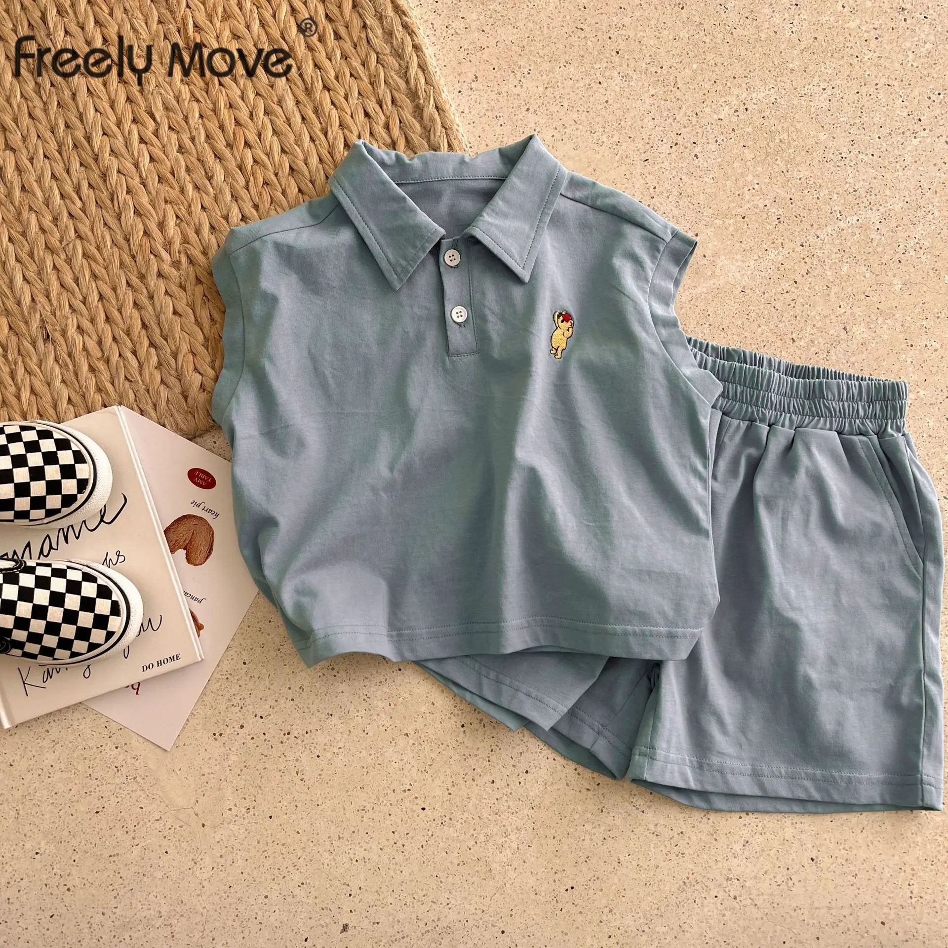 

Freely Move Summer New Kids Baby Girl Boy 2pcs Outfit Sets Sleeveless Cartoon Knit Top Solid Shorts Set for Children Boys Girls