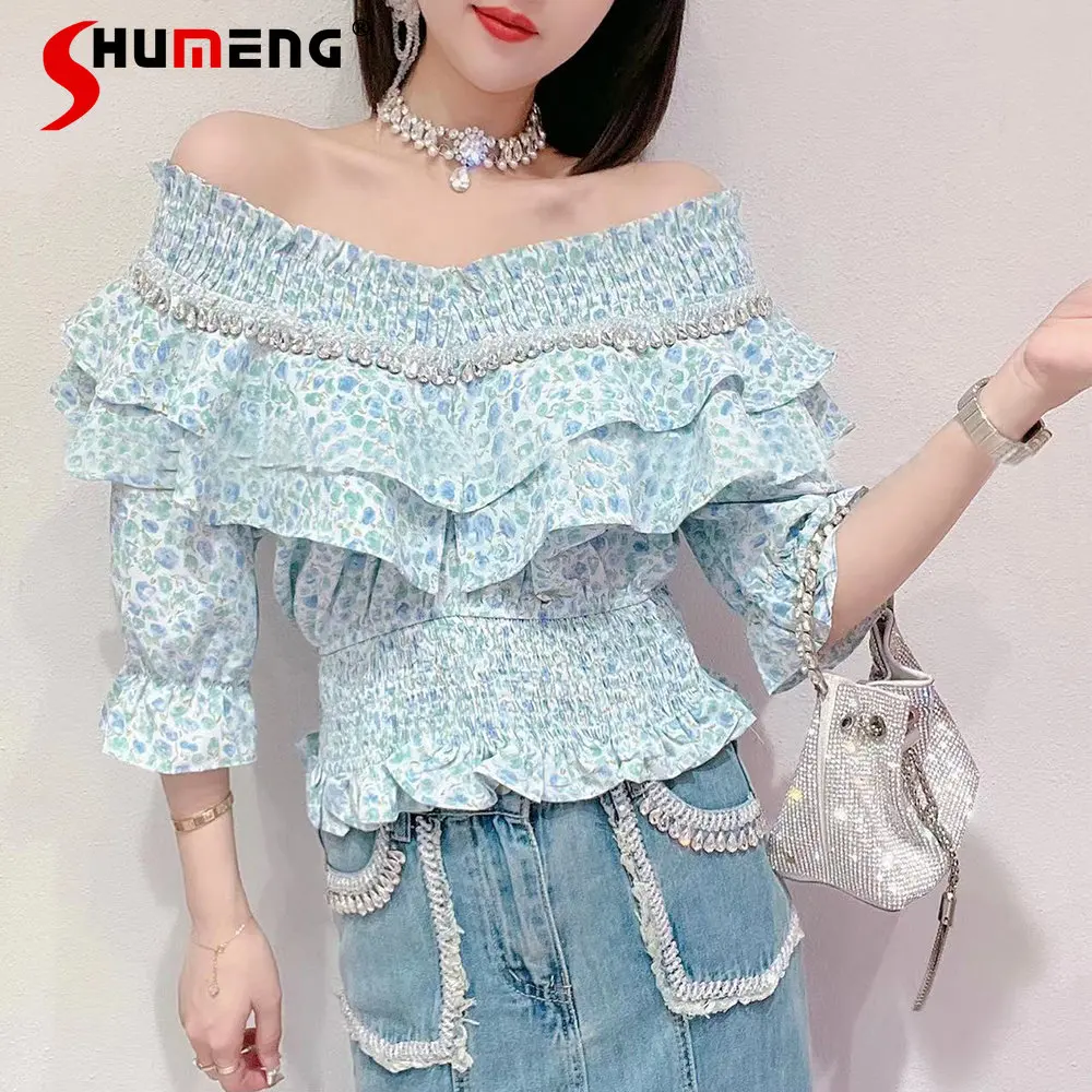 

Female Summer New Korean Style Sweet Rhinestone Off-Neck Floral Shirt Women Western Style Fashion Fairy Short Sleeve Blouses Top
