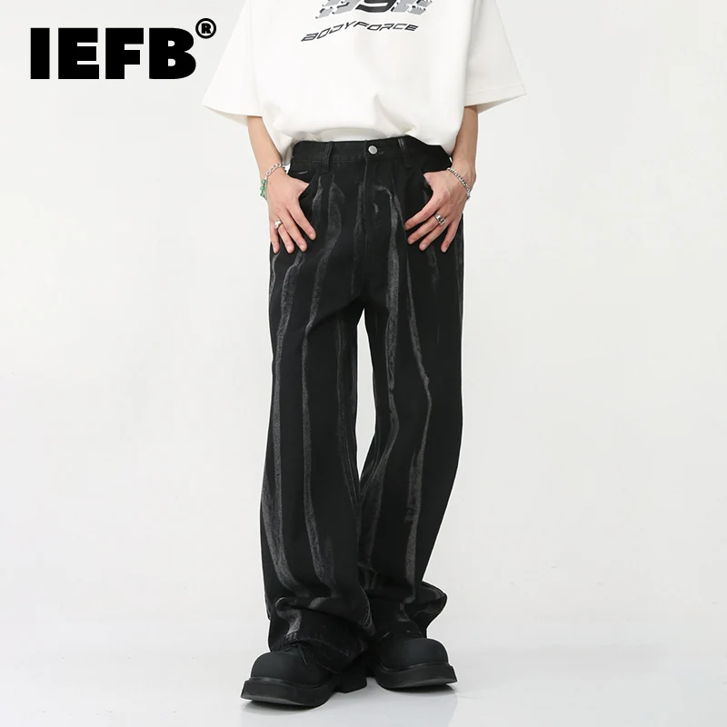 

IEFB American Style Tie Dyed Fahsion Stripe Male Burrs Jeans High Street Men's Loose Straight Denim Pant New Niche Design 9A8507