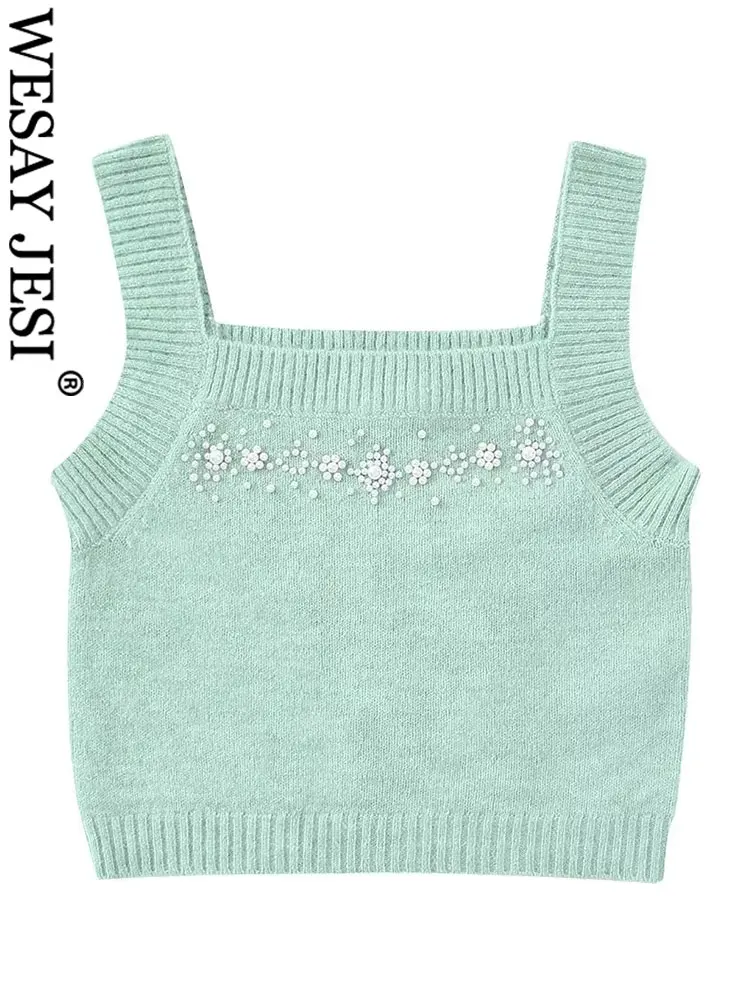 

WESAY JESI Женская мода искусственный жемчуг украшенный вязаный жилет элегантный однотонный приталенный укороченный топ Женская повседневная ...