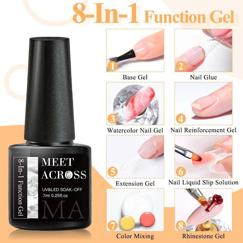 

MEET ACROSS 7ml 8-in-1 Nail Glue Gel Transparent Function Gel Soak Off UV LED Semi Permanent Manicure UV Lamp Nail Art Gel Varni