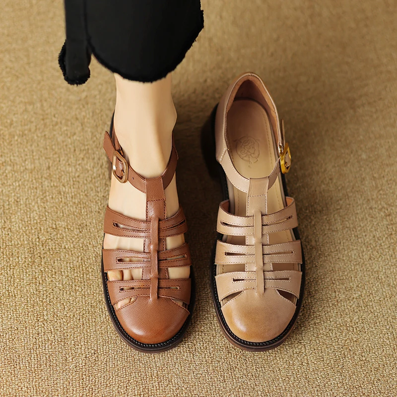 

Woman Summer Sandals Retro Gladiator T-Strap Brown Simple Shoes Closed Toe Sandal Roman Style Sheepskin Lady Shoes