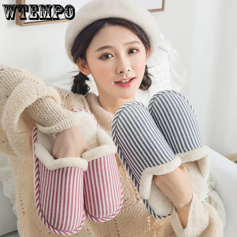 WTEMPO Striped Cotton Slippers Autumn Winter Warm Non-slip Plush Slides Indoor Soft Silent Cotton Shoes for Couples Wholesale
