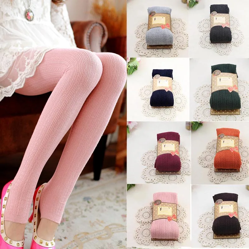 

Autumn Winter Pantyhose Thick Knitted Stockings Candy Color Women Warm Vertical Striped Tights Footless Tights Legging Bottoms