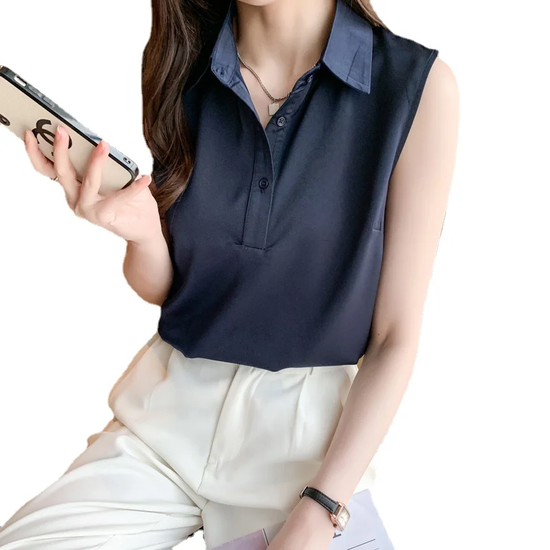 

Hot Sale 2022 Summer Thin Korean Fashion Acetate SATIN Sleeveless Tops Blue Office Ladies Clothes For Women V-Neck Blouses