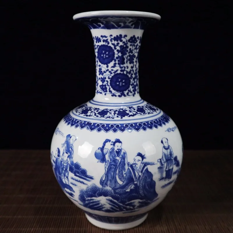 

New antique antique wholesale blue and white figure story pattern vase home living room study decoration