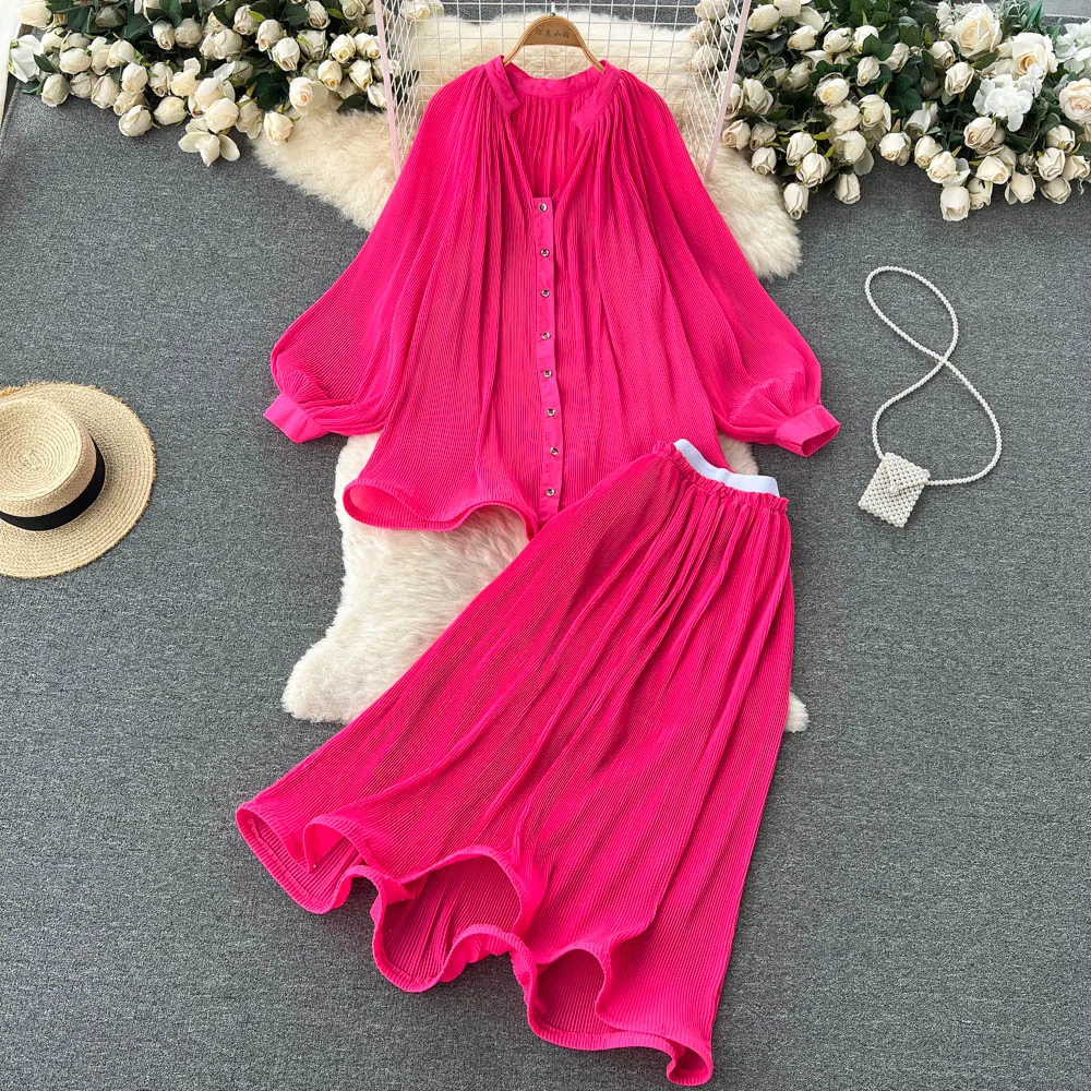 

SuperAen 2022 Solid Suit Lantern Sleeve V-neck Single Breasted Loose Shirt + Medium Length Pleated Skirt Two Piece Sets