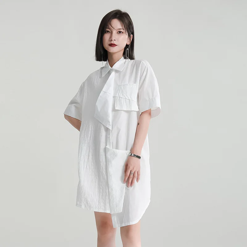 

2023 summer new style dark lazy wind patchwork dress irregular short sleeve lapel loose dress