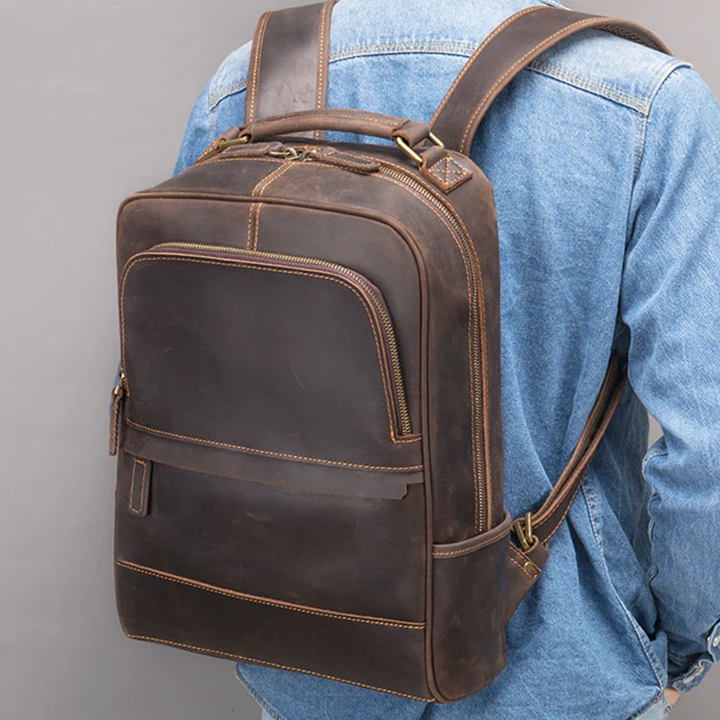 

Vintage Crazy Horse Genuine Leather Man's Backpack Fit 14" Laptop Women Rucksack Leather School Bag Big Travel Backapack For Man