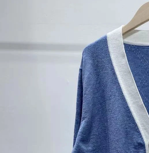 

Women Sweater V-neck Patchwork Long Sleeve Pearl Buttons Hollow Out Contrats Knitwear Cardigans Coat Casual