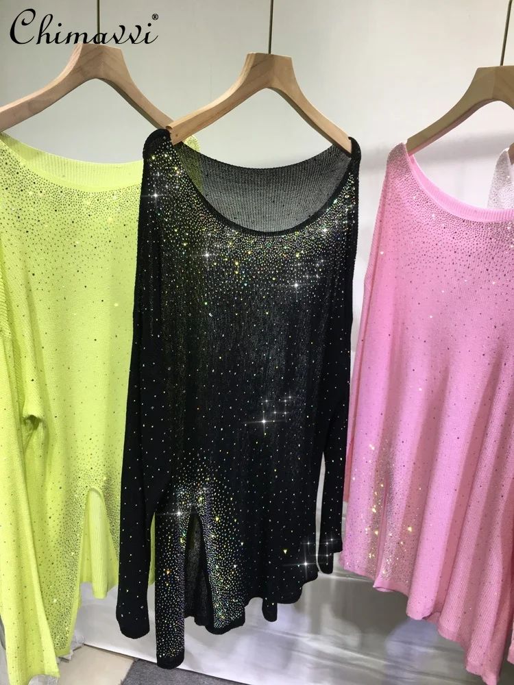 

Heavy Hot Drilling Knitted Pullover Lightweight Breathable Ice Silk Long Sleeve Mid-Length Crew Neck Split Tops 2022 Autumn New