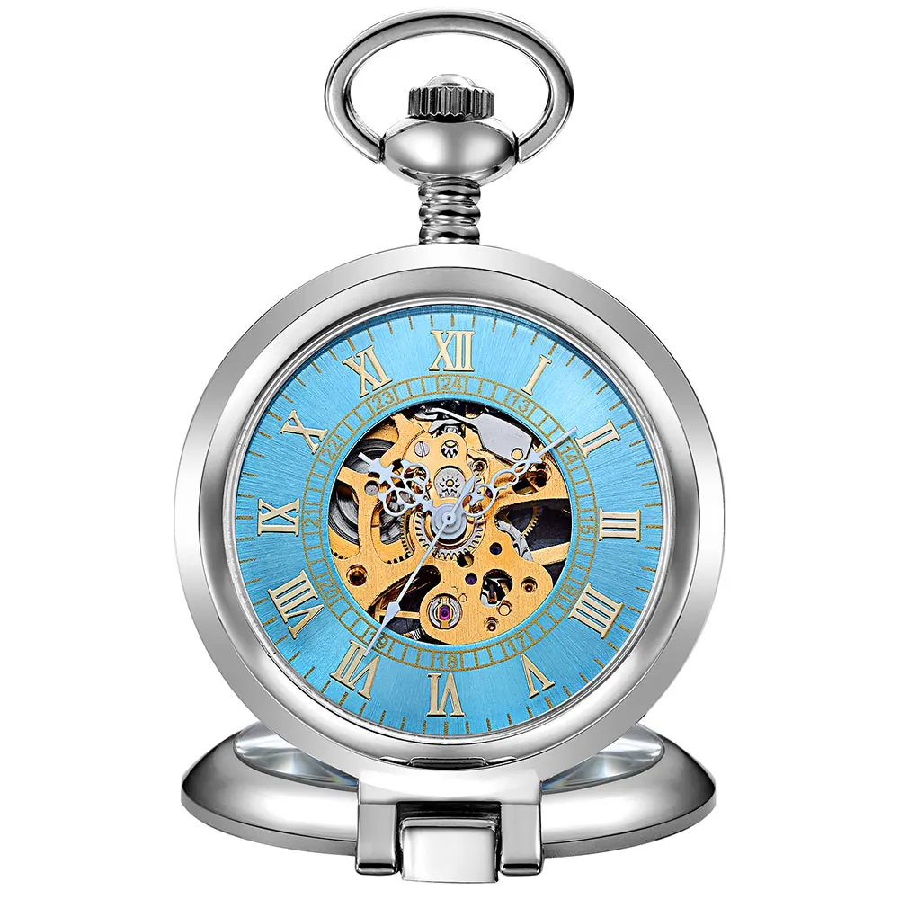 Vintage Mechanical Pocket Watch Roman Dial Hand Winding  Hollow Skeleton Steampunk Clock Full Steel Pocket Watch Chain Gifts