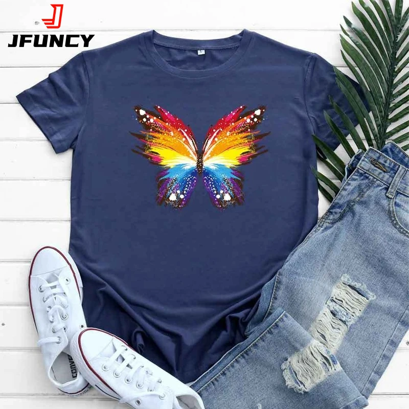 JFUNCY Oversized Women's Cotton T-shirt New Graphic Tee Woman Clothes Harajuku Short Sleeve Female T Shirt Women  Tops