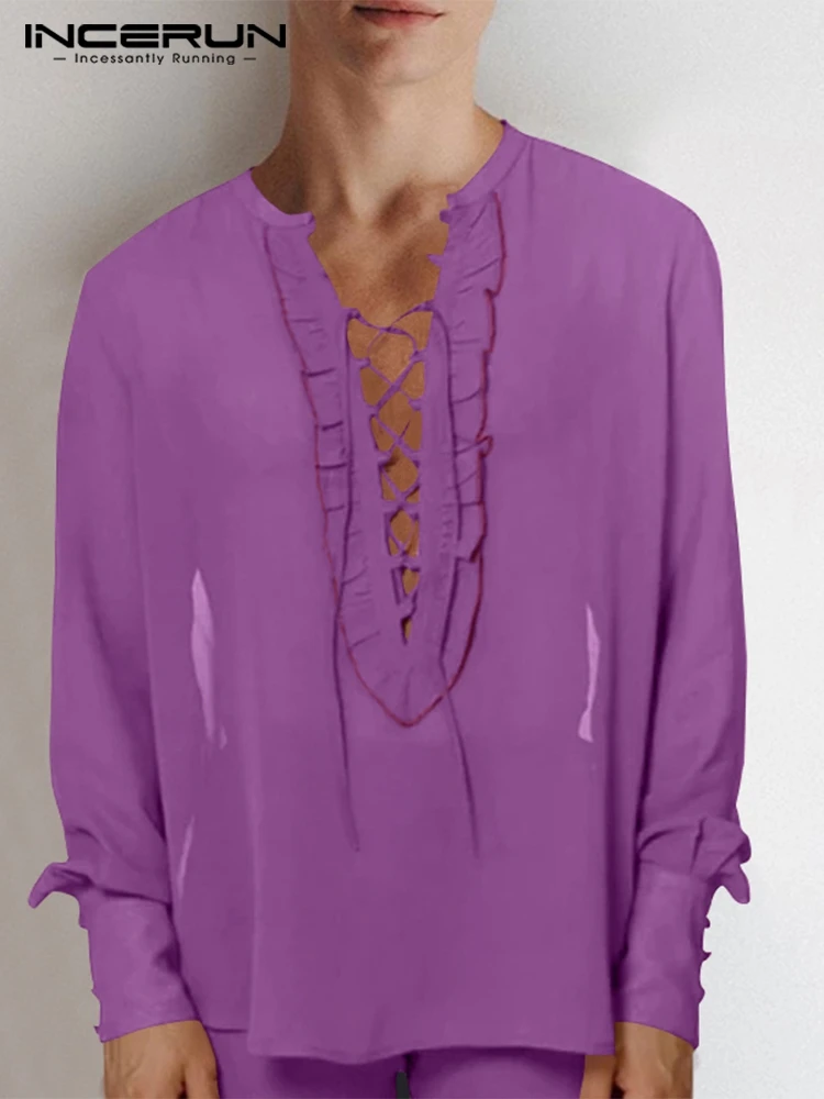 

Men Shirt V Neck Solid Color Lace Up Loose Ruffle Casual Men Clothing 2022 Streetwear Drawstring Fashion Camisas S-5XL INCERUN