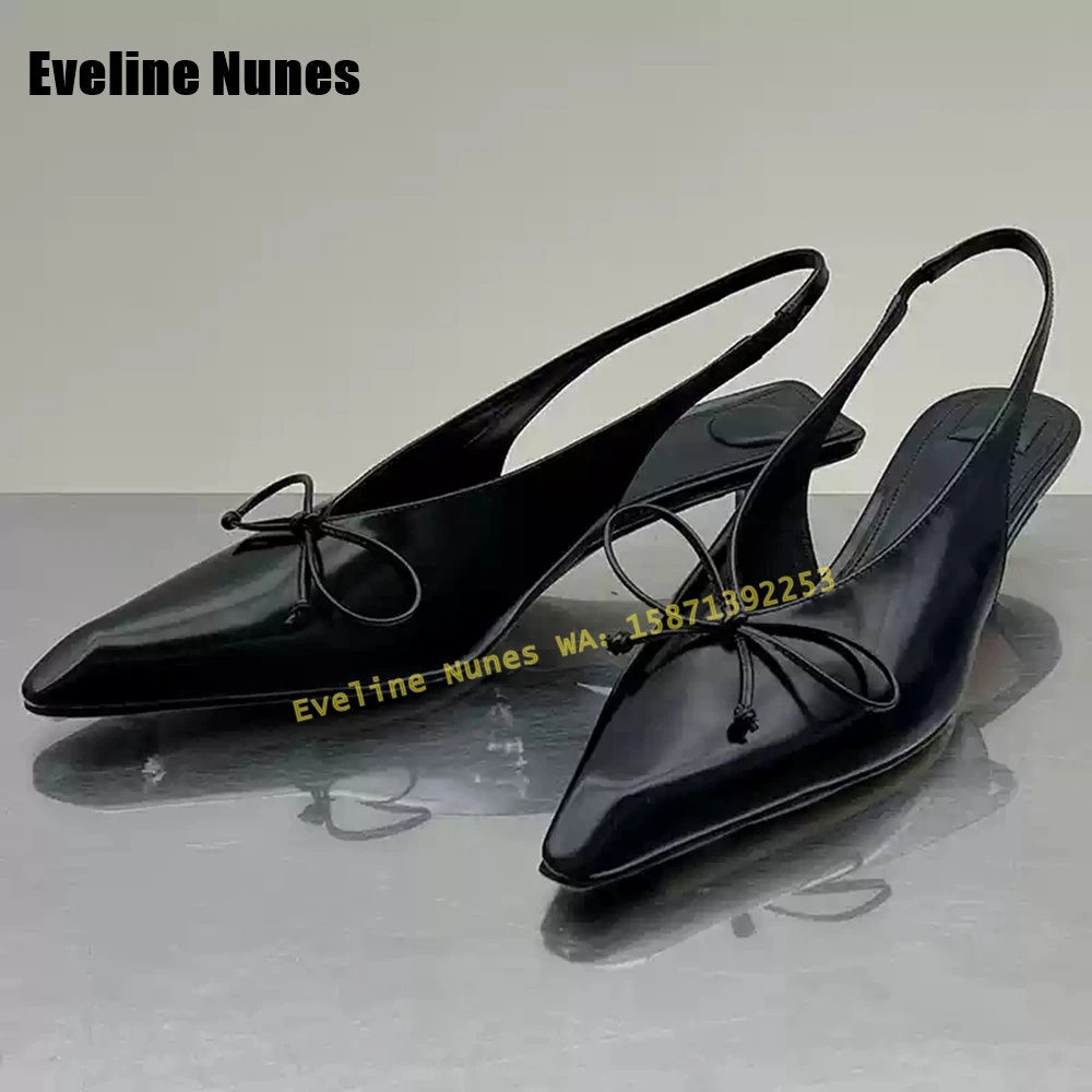 Черные босоножки с бантом на спине и ремешком острым носком тонком каблуке