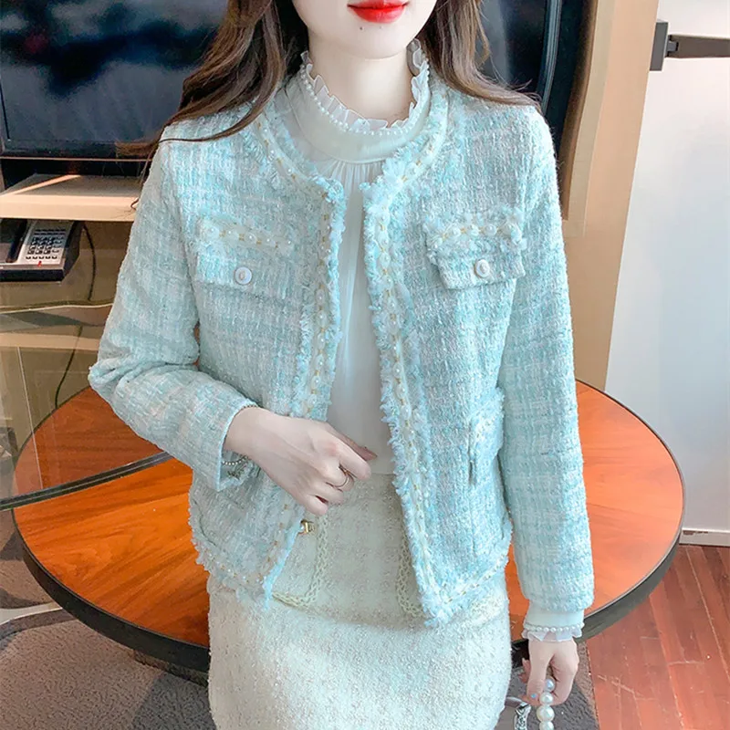

High Quality Fashion Beading Tweed Jacket Coat Ladies Autumn O-Neck Long Sleeve Vintage Women Design Woolen Outerwear