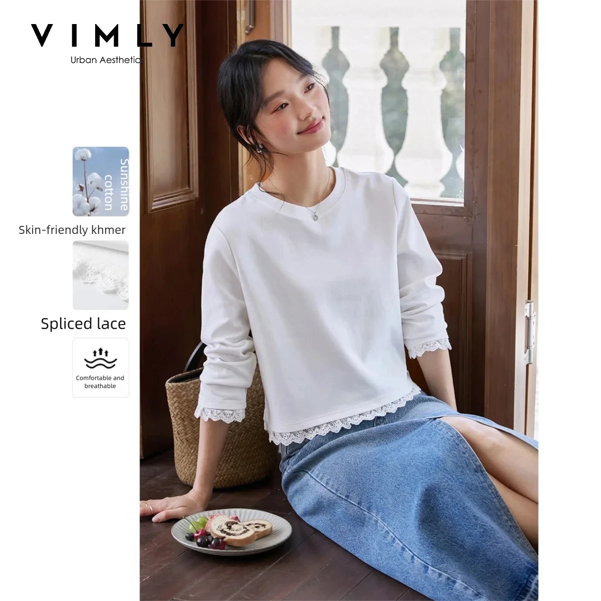 Фото Женская футболка VIMLY с длинным рукавом и кружевной отделкой, белая, с круглым вырезом, свободного кроя, повседневная, осенняя коллекция 2026, базовая, минималистичная, A0680 №1