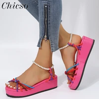 womens platform sandals 2022 summer new ladies open toe rainbow pearl beach shoes 36 43 large sized female casual sandals