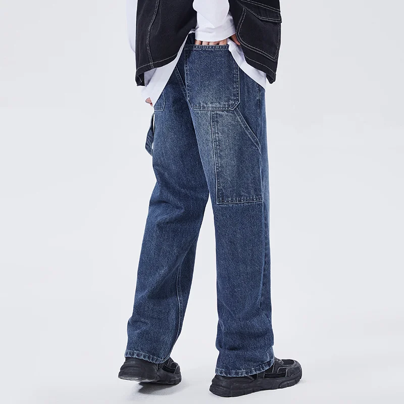 Blue Baggy Jeans Men Fashion Retro Pocket Cargo Jeans Men Japanese Streetwear Hip Hop Loose Straight Denim Pants Mens Trousers