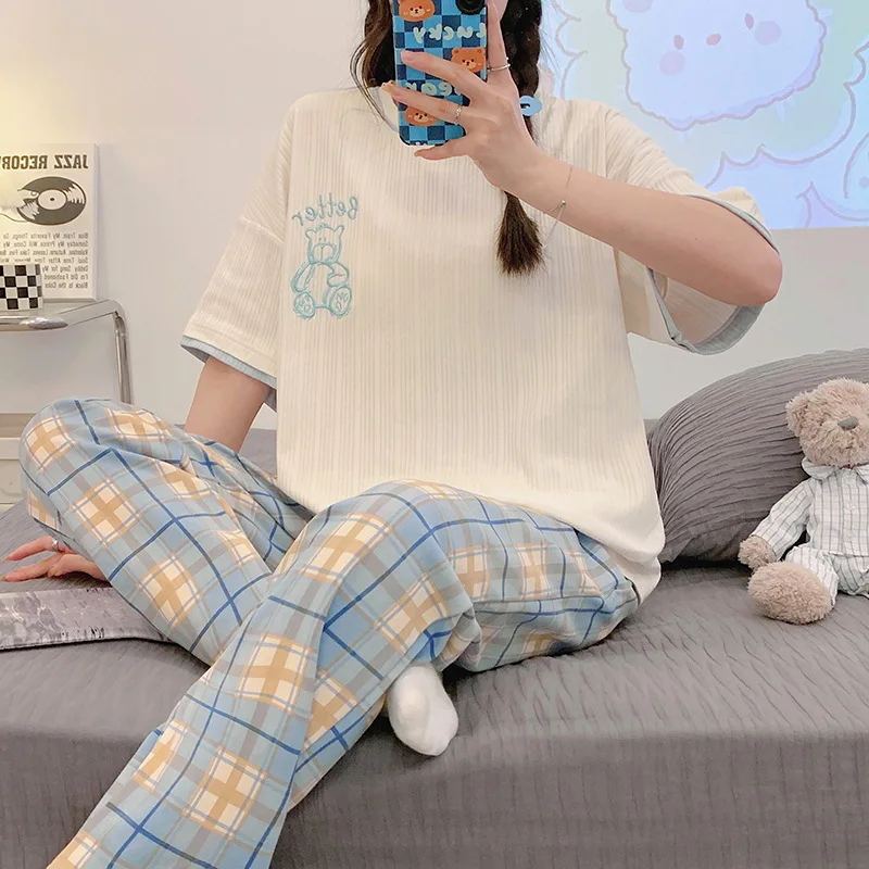 New Sleepwear Cotton Pajamas Set for Women Long Pants Short Sleeved Summer Spring Cartoon Loungewear Fashion Home Clothing Homew