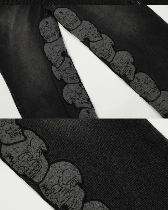 Новинка 2025 года джинсовая молния с вышивкой черепа облегающие прямые джинсы