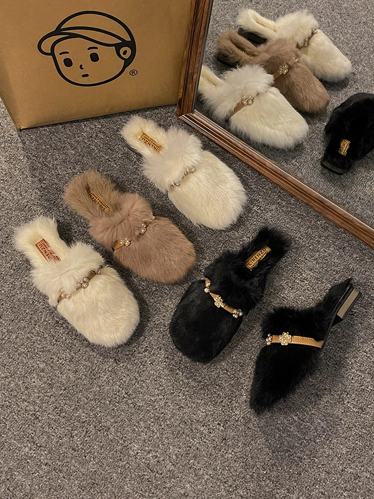 

Low Slippers Soft Cover Toe Shoes Woman 2023 Fur Flip Flops Platform Flock Luxury Slides Female Mule Pantofle Comfort Plush Flat