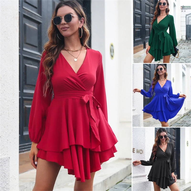 

Y5GC Women's Tie Waist Ruffle Dress Elegant Mini Dress Flowy Beach Dress Long Sleeves Deep V-Neck Party Dress Holiday Dress