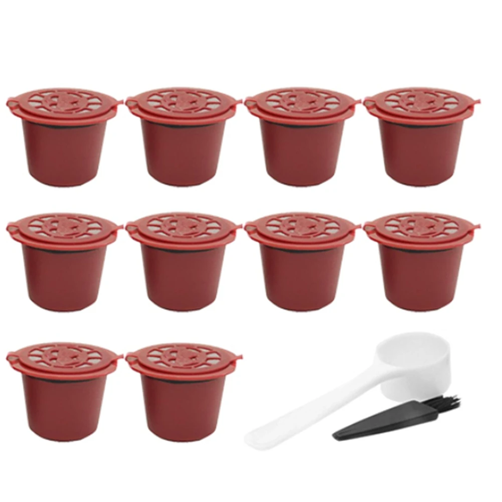 

10 Pcs Reusable Refillable Coffee Capsule Filters for Nespresso with Spoon Brush Kitchen Accessories Coffee Filter Red