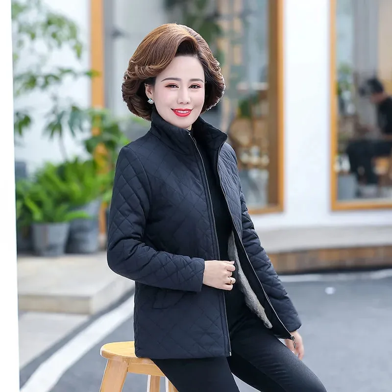 Autumn Winter Jacket Women 2023 New Solid Plus Velvet Cotton Padded Coat Thin Short Jacket Middle-aged Female Tops