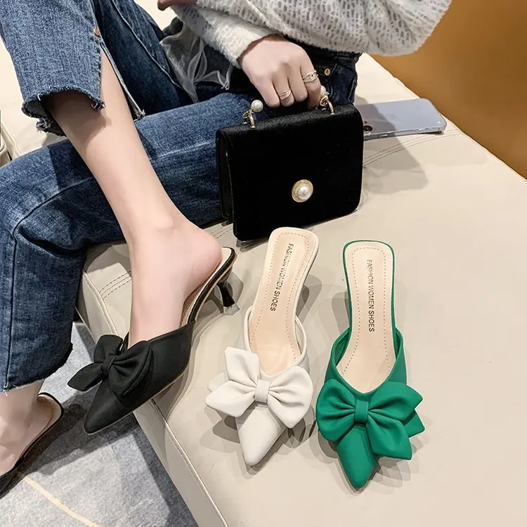 

Pointed Toe Thin Heels Shoes Woman 2022 Heeled Mules Low Slippers Summer Flock Luxury Slides Butterfly-Knot Pantofle High Cover
