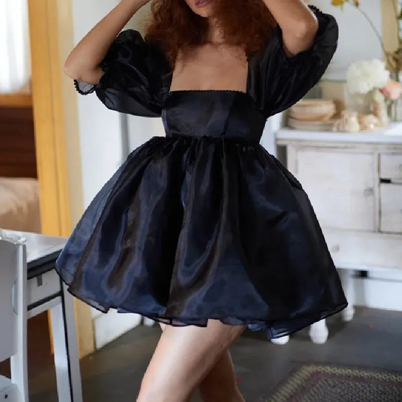 

Sweet Fashion Big Hem Dress Solid Color/Tie-dye Print Square Collar Puff Sleeve Fluffy Wild Trendy Ladies Princess Mini Dress