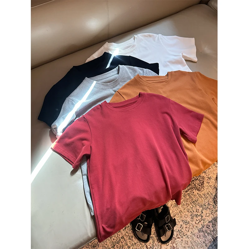 Aku Simple Sanding Basic T-shirt Women 2024 New Shoulder Solid Short sleeve Slimming Versatile round Neck Top