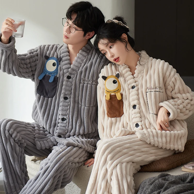 

QUHENG Newest 2022 Couples Pajamas Sets Women Men Winter Thicken Pyjamas Sleepwear Autumn Cartoon Homewear Soft Warm Nightgown