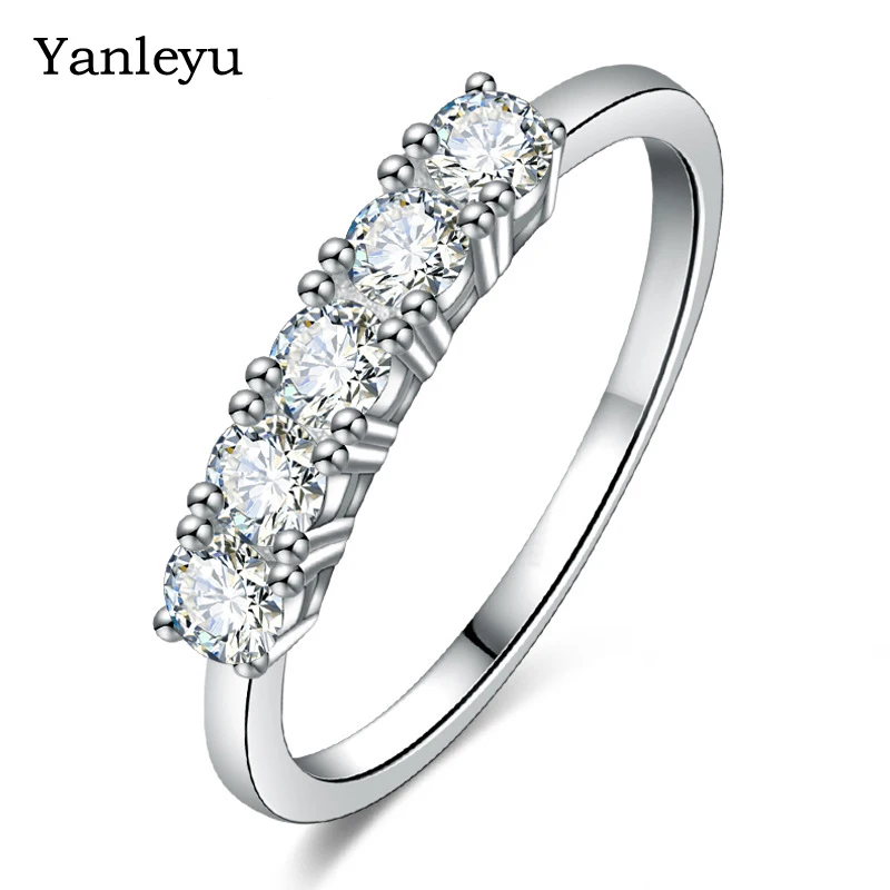 

Yanleyu Original 925 Silver Color Wedding Rings for Women Inlay 5pcs Cubic Zirconia Fashion CZ Jewelry Gift